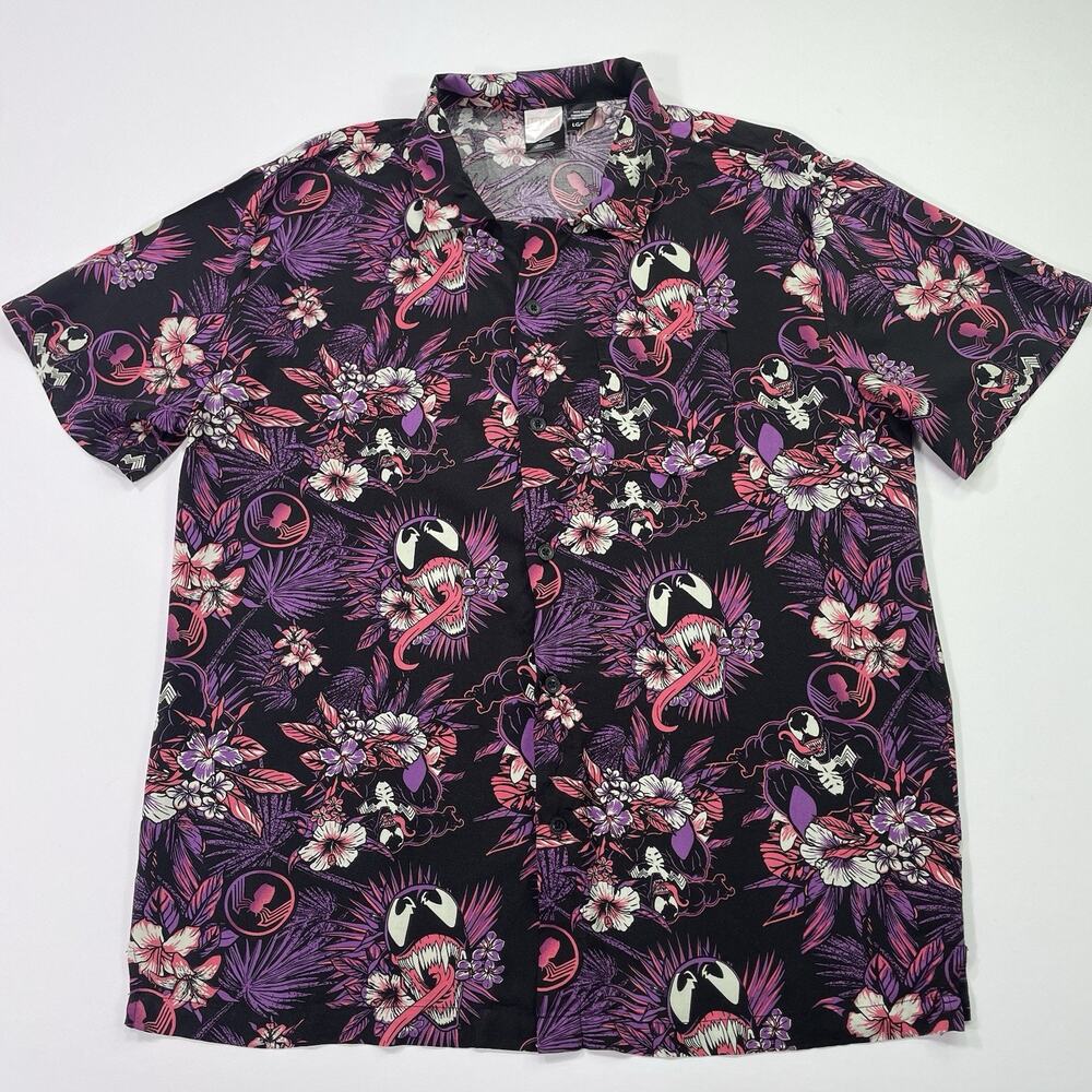 Marvel Venom Shirt Mens Large Purple Floral Hawaiian AOP‎ All Over Print Beach